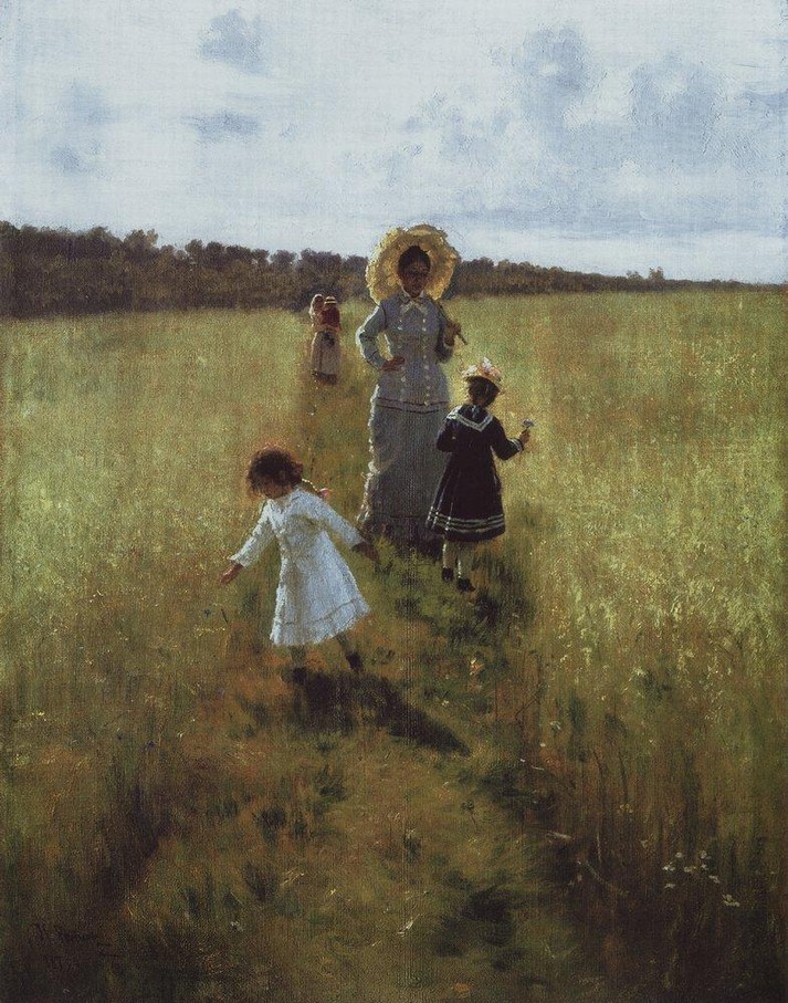 На меже. В. А. Репина с детьми идет по меже, 1879