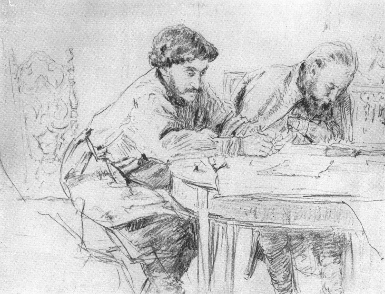 М.А. Новоселов и Б.Н. Леонтьев за столом. 1892
